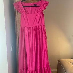 Maxi hot pink square neck ruffle sleeve dress express